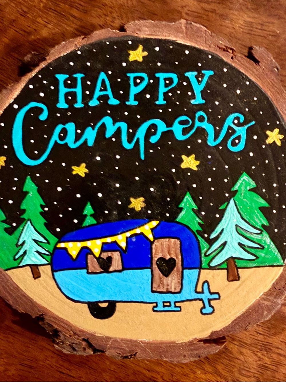 Hand-Painted 'Happy Campers' Blue Wood Ornament